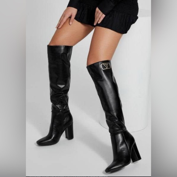 Guess Black leather Over the Knee Boots with Logo Detail - Picture 2 of 5